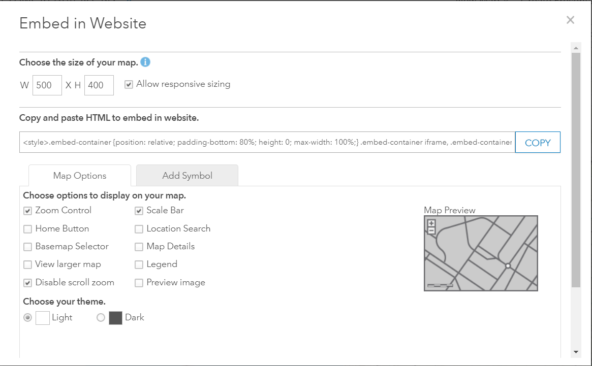 ArcGIS Online embed map window.